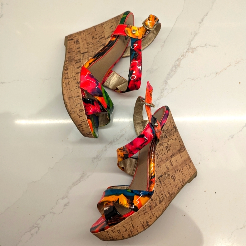 G by Guess Tropical Cork Wedges, Size 9, Asymmetrical Straps, Vibrant Summer
